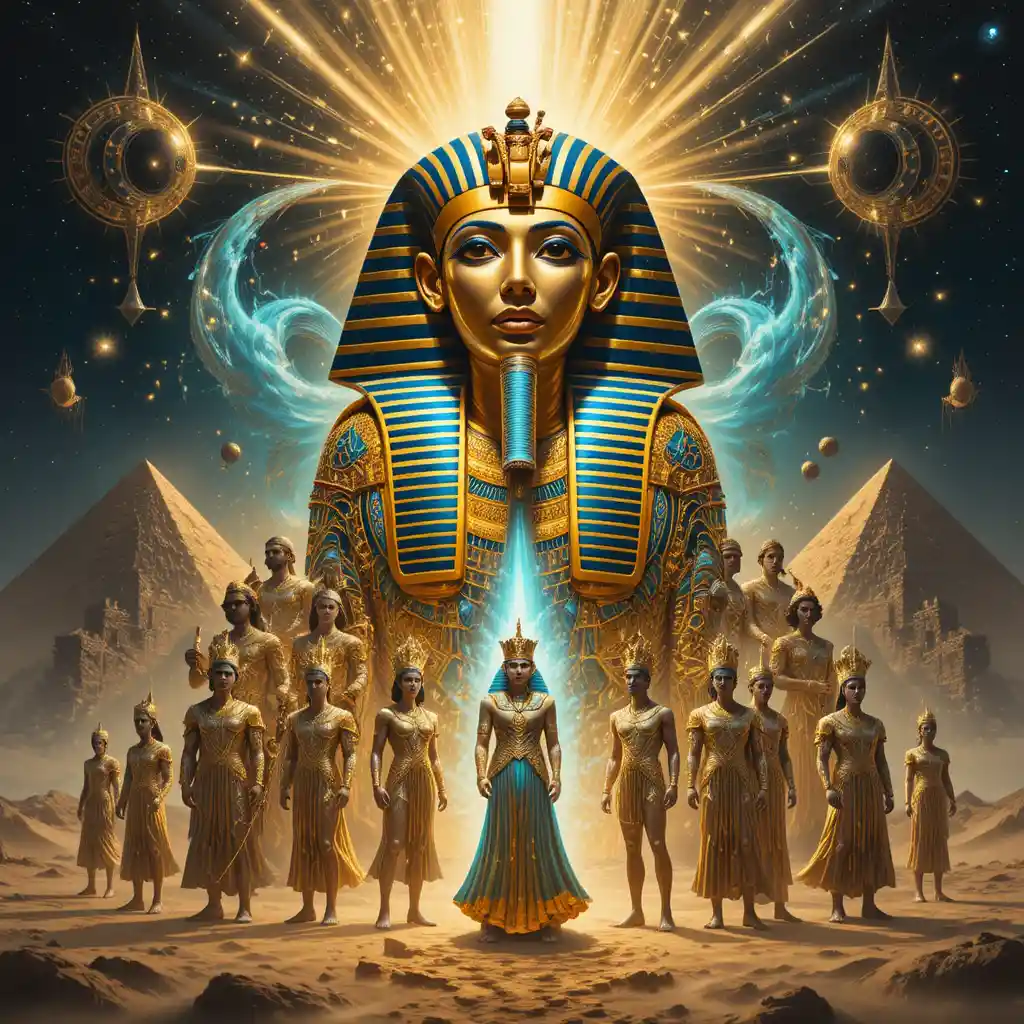 Golden egyptian mask surrounded by radiant divine figures