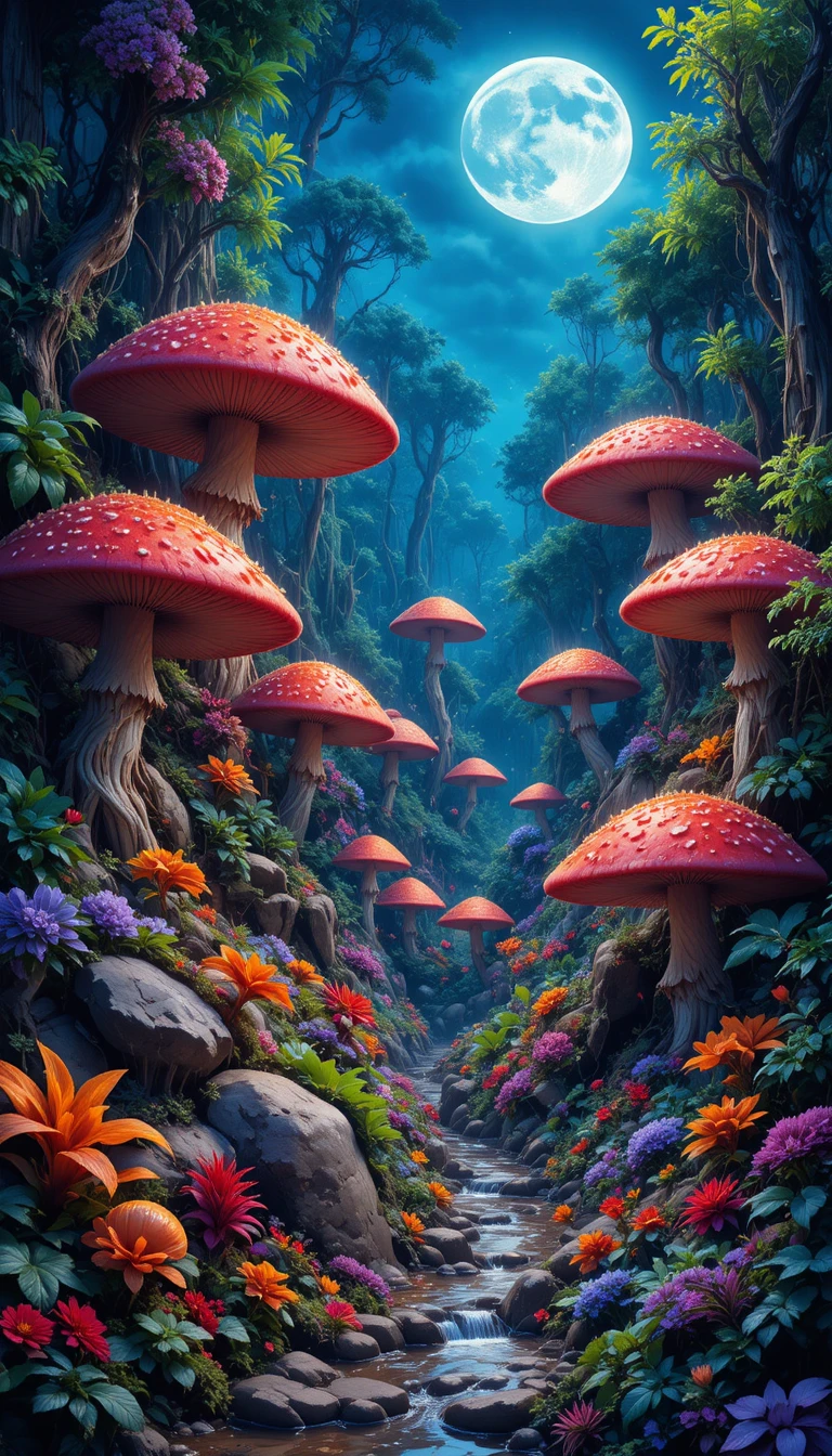 Surreal Forest Of Giant Red Mushrooms Under Full Moon