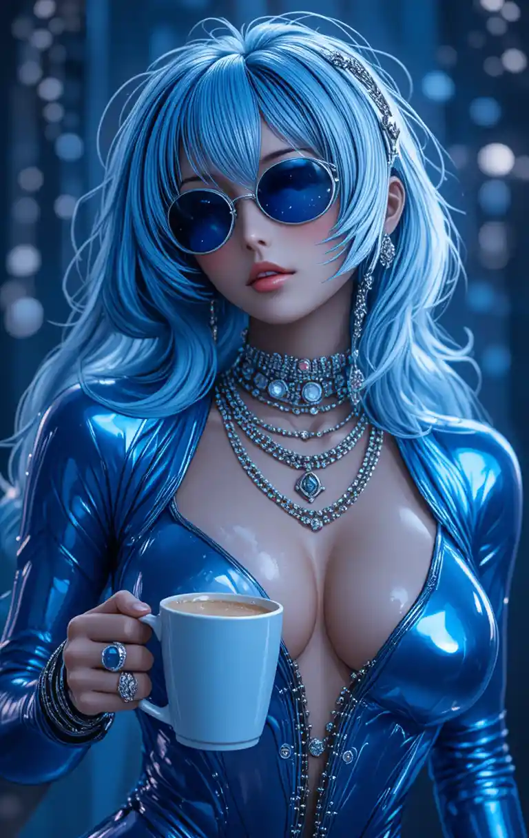 Futuristic woman with blue hair and metallic accessories