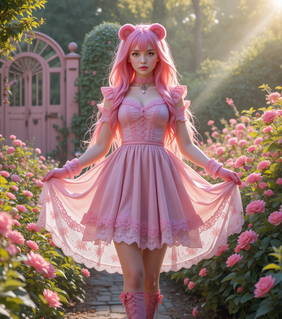 Gothic pink haired woman in a whimsical flower garden