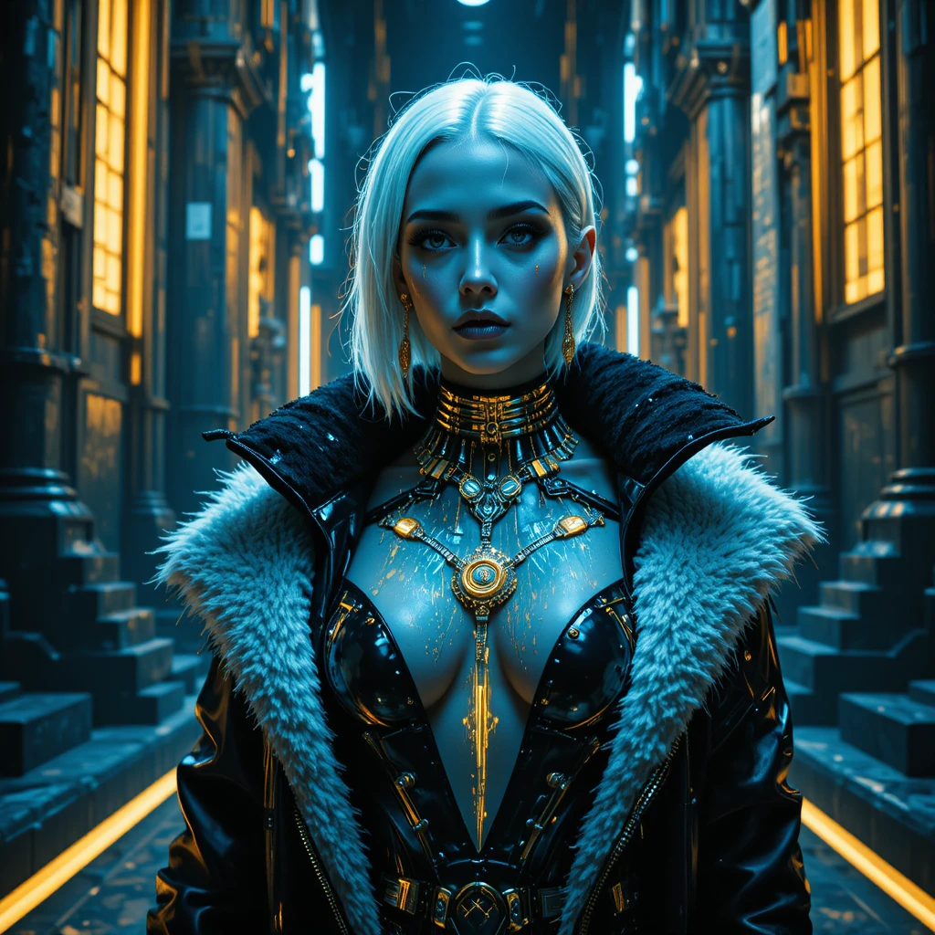 Cyberpunk woman portrait in brutalist studio lighting