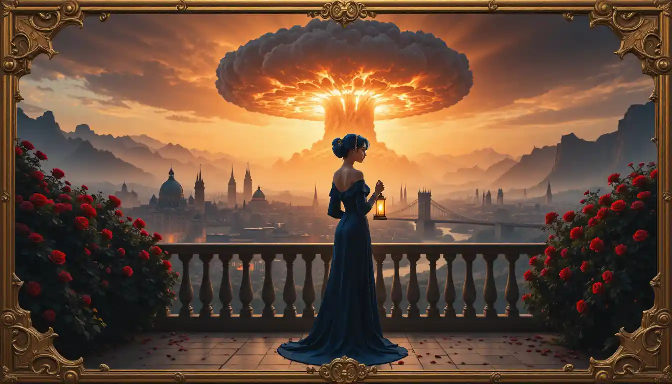 Blue haired woman with lantern on balcony at ruined city