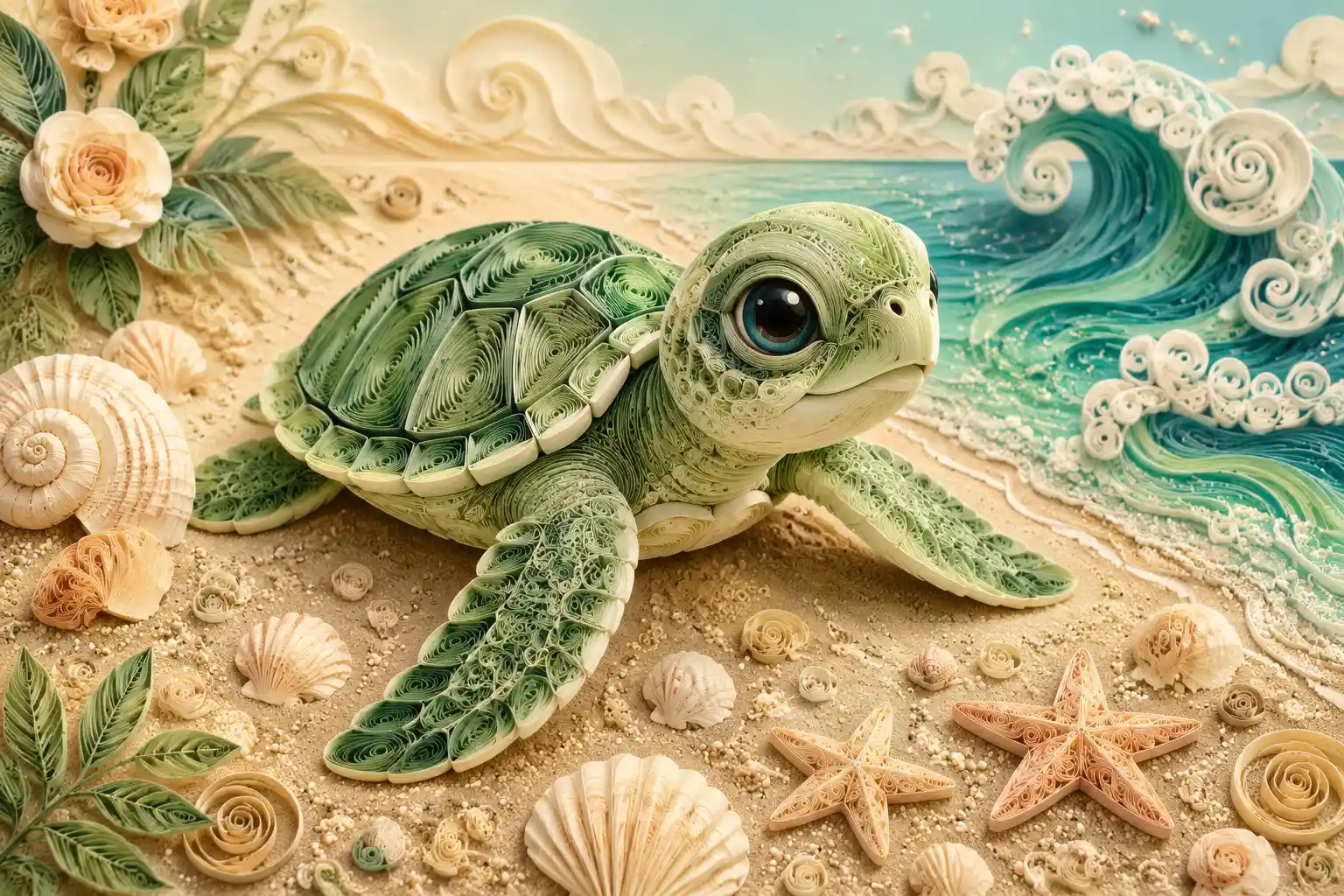 Paper quilling baby sea turtle on soft sandy beach