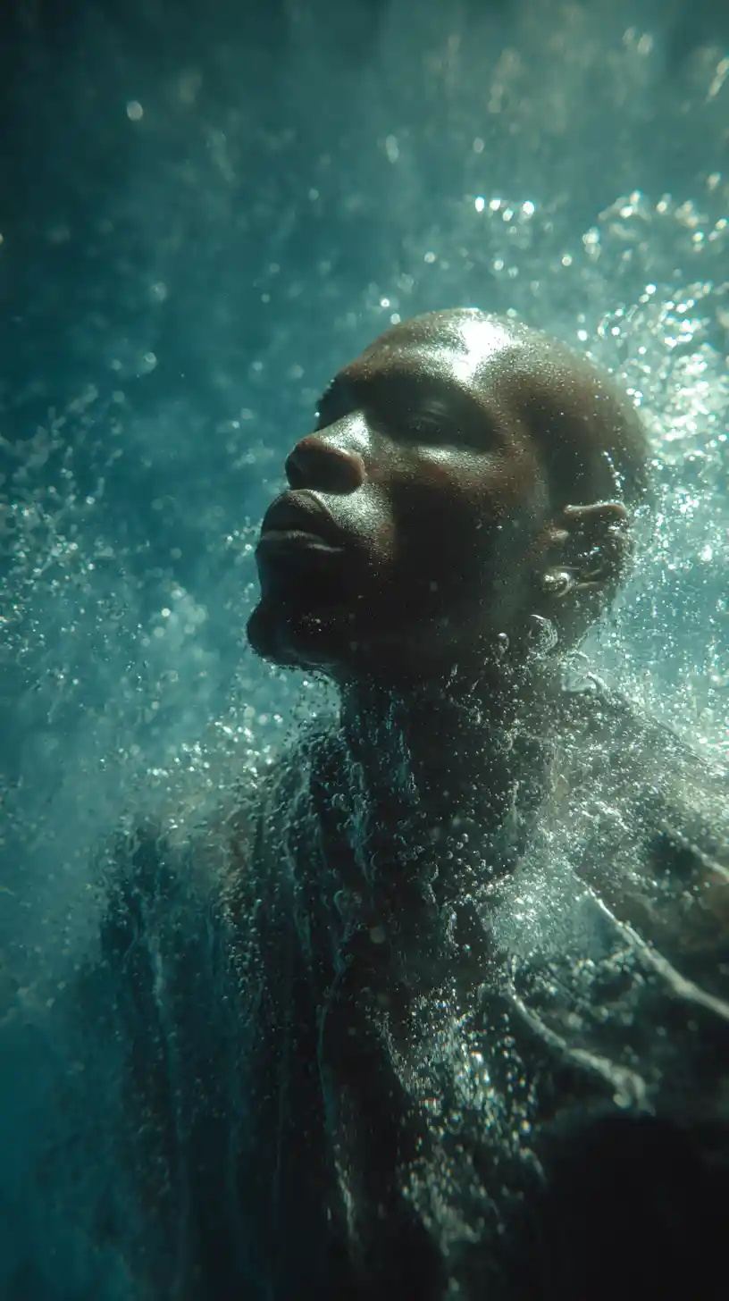 Joyful bald man playing in a surreal rolling ocean