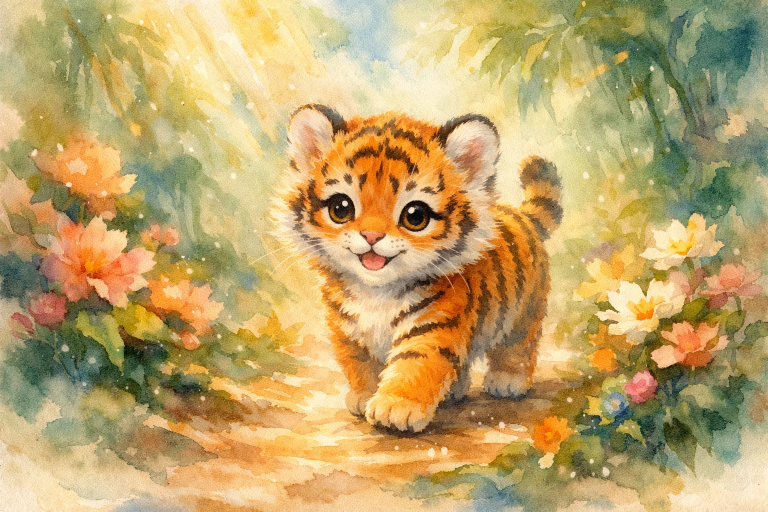 Watercolor baby tiger walking along a dreamy jungle path