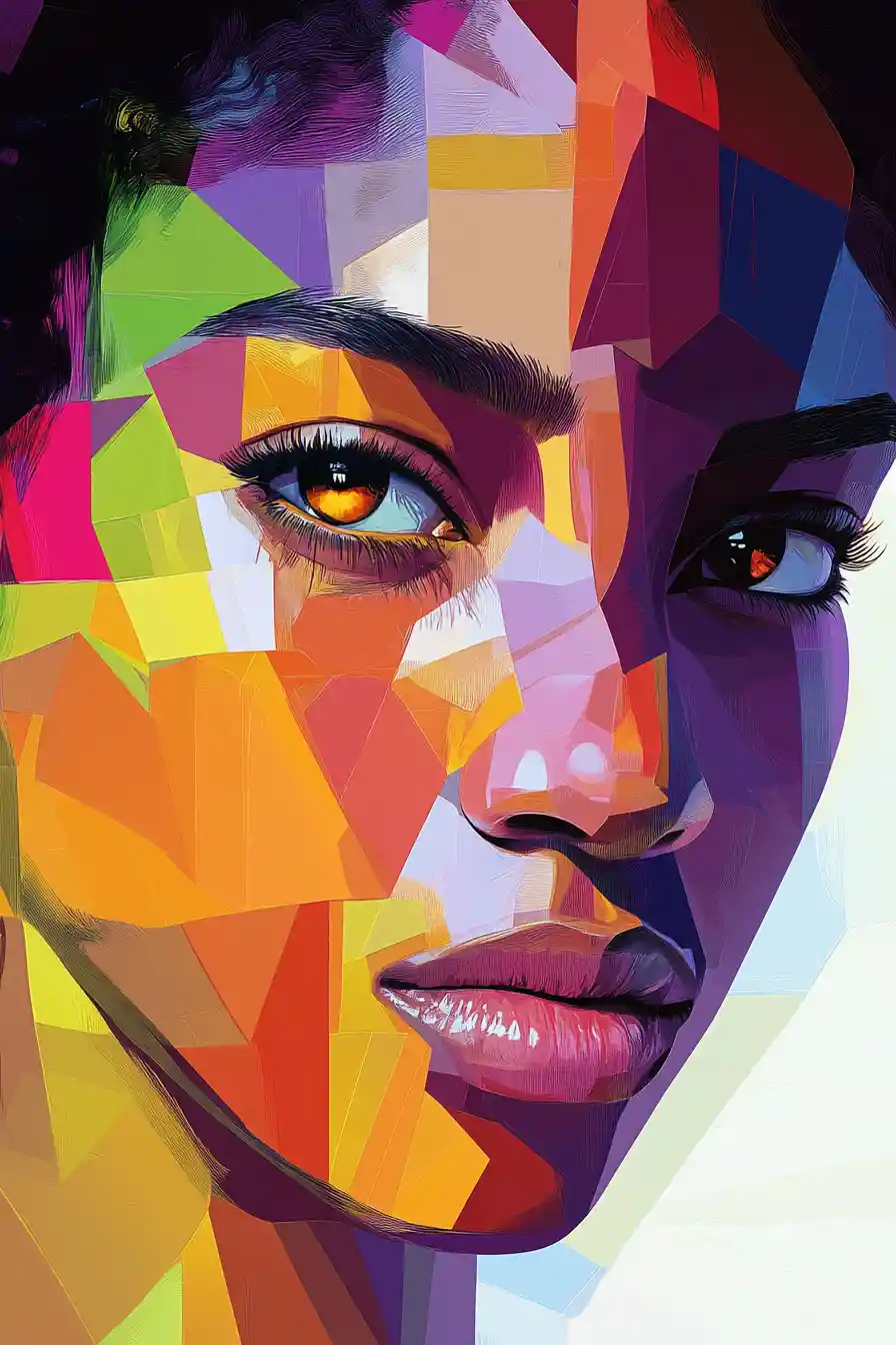 Color block portrait of a woman with intense amber eyes