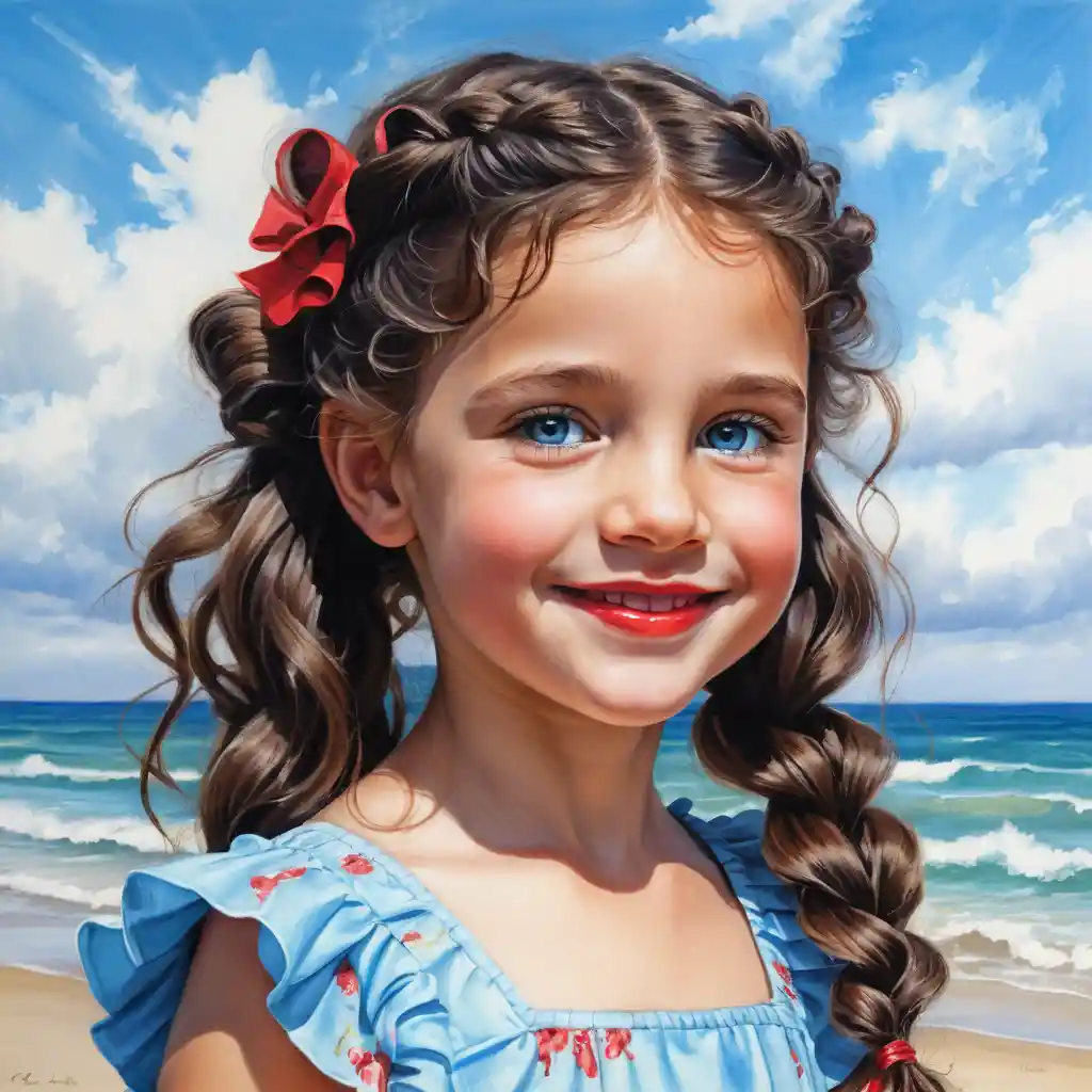 Smiling girl with long curly hair in blue summer dress