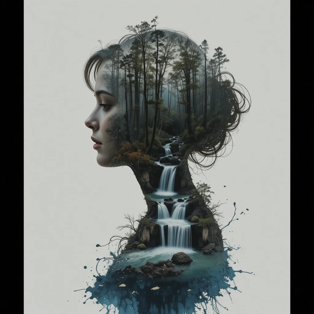 Ink double exposure portrait of a woman and tranquil waterfalls