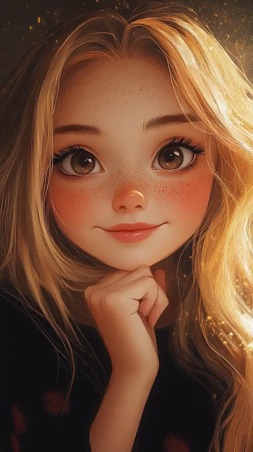 Anime girl portrait with large eyes and soft freckles