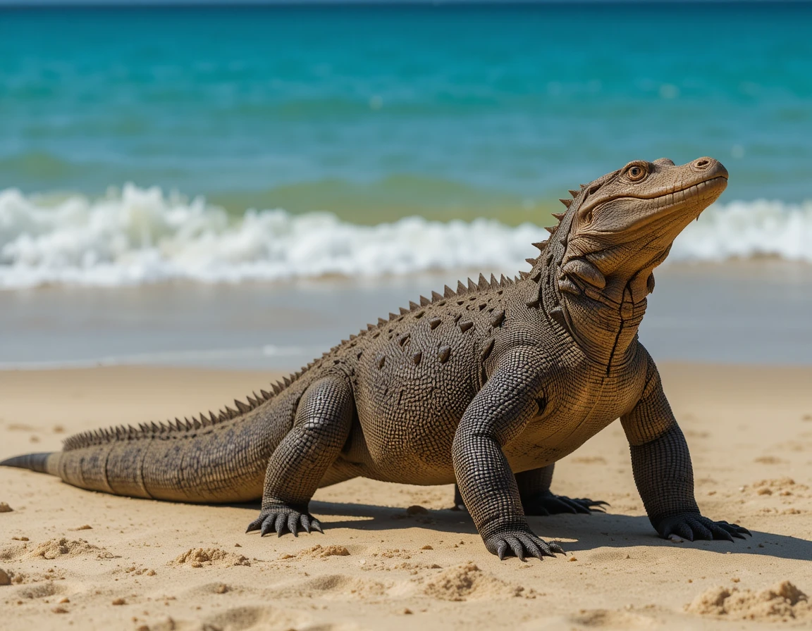 Komodo dragon on tropical beach near turquoise ocean