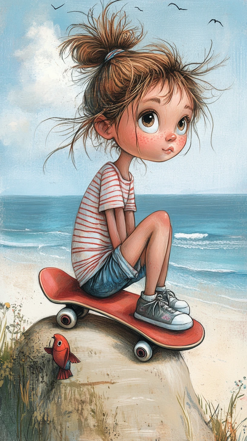 Whimsical girl on skateboard above a sunny seaside cliff