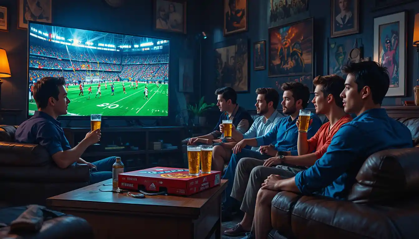 Friends drinking beer on a couch watching football together