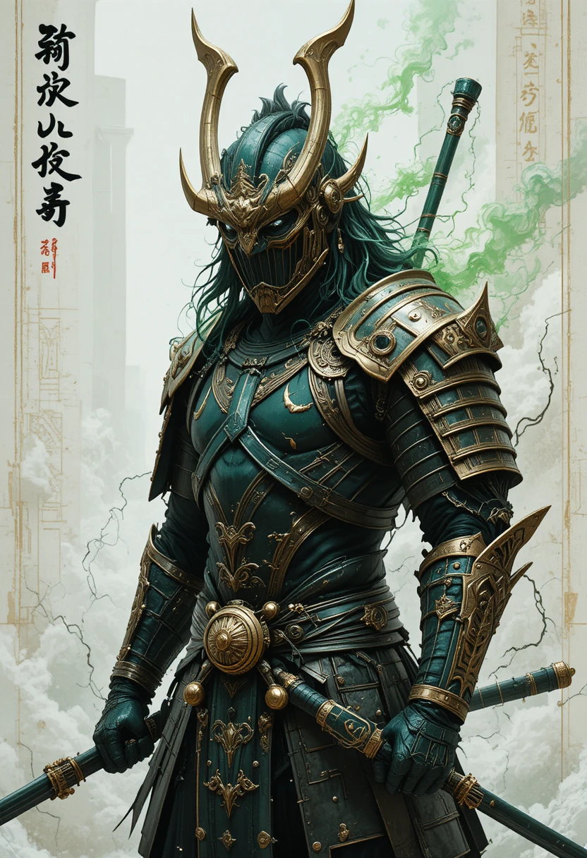 Dark fantasy demon samurai in ornate armor illustration