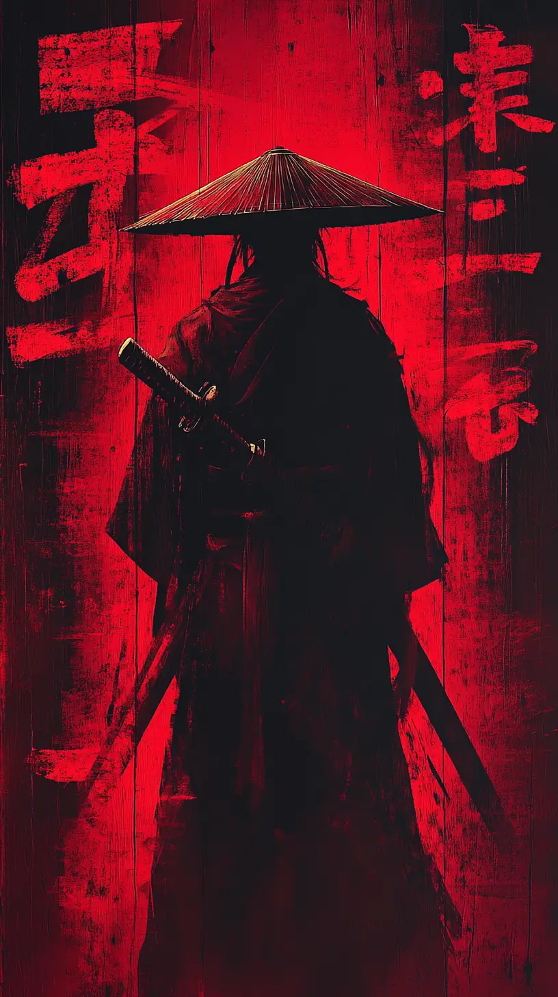 Silhouetted samurai under red light before kanji wall