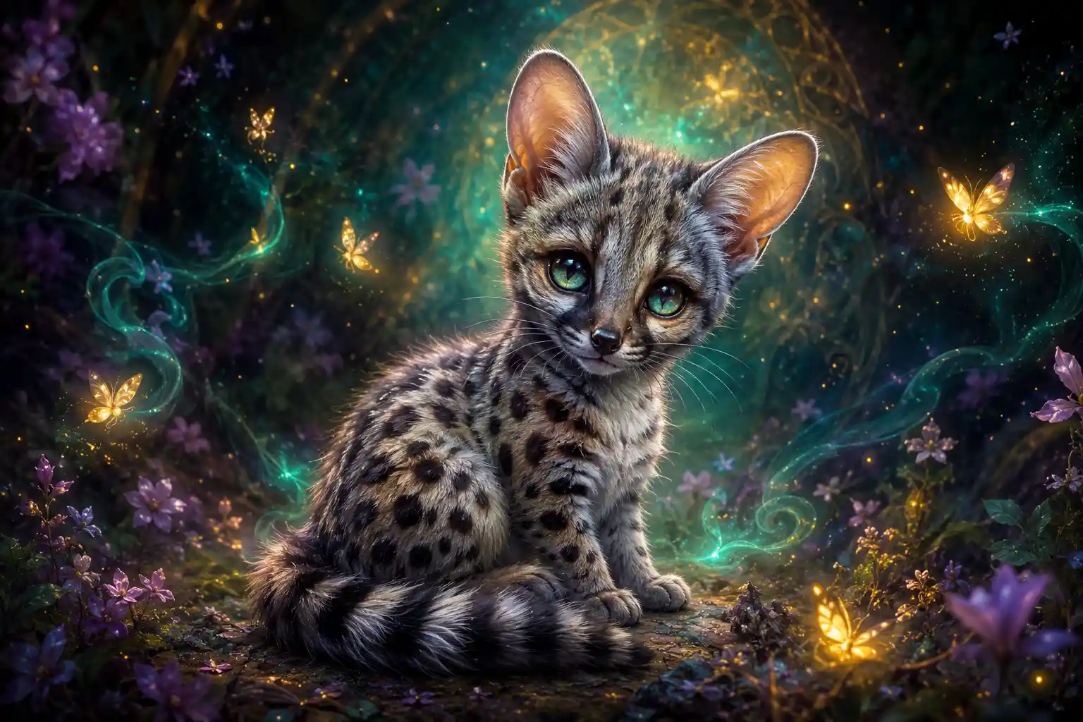 Cute baby genet in a glowing magical forest scene