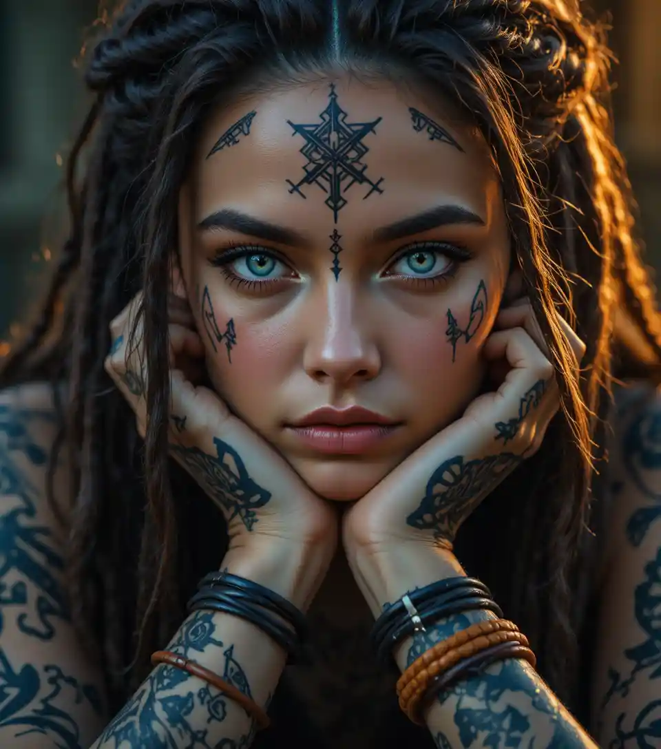 Tattooed woman with blue green eyes in cinematic close up