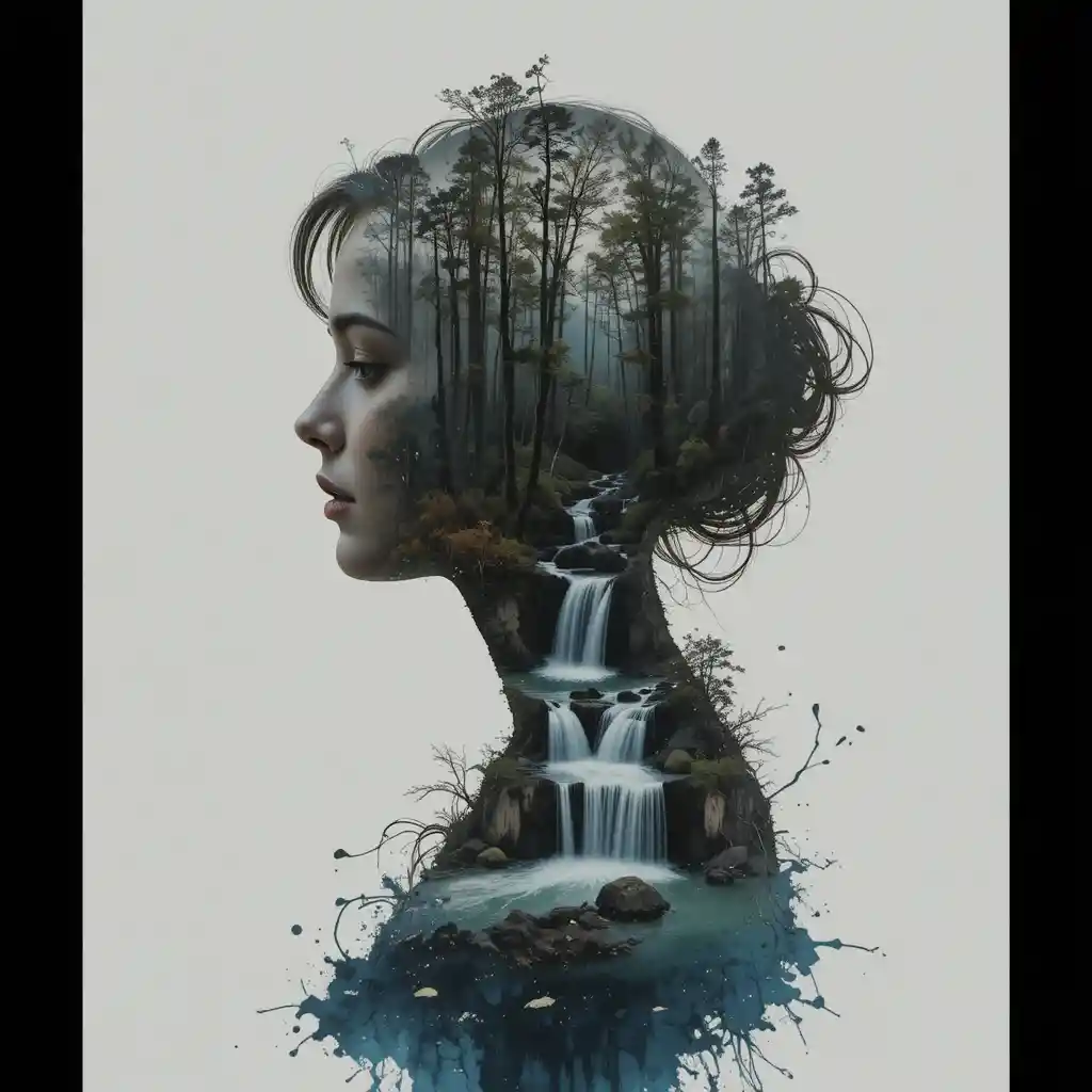 Ink double exposure portrait of a woman and tranquil waterfalls