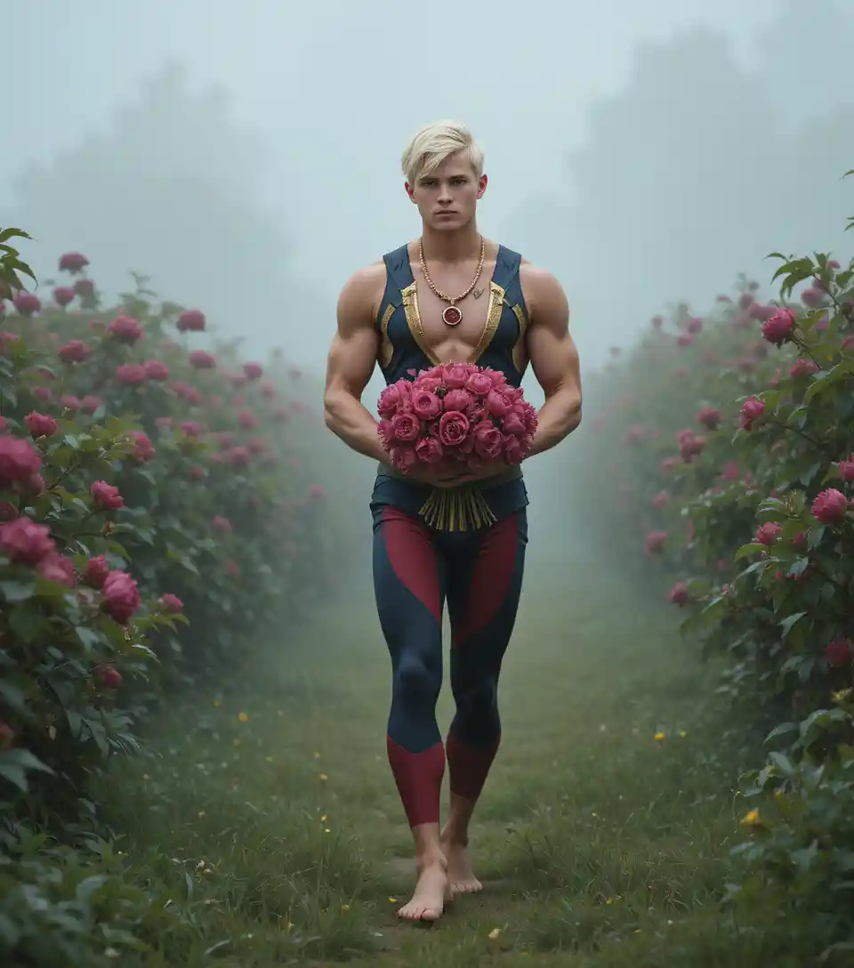 Barefoot young man walking through a misty flower field