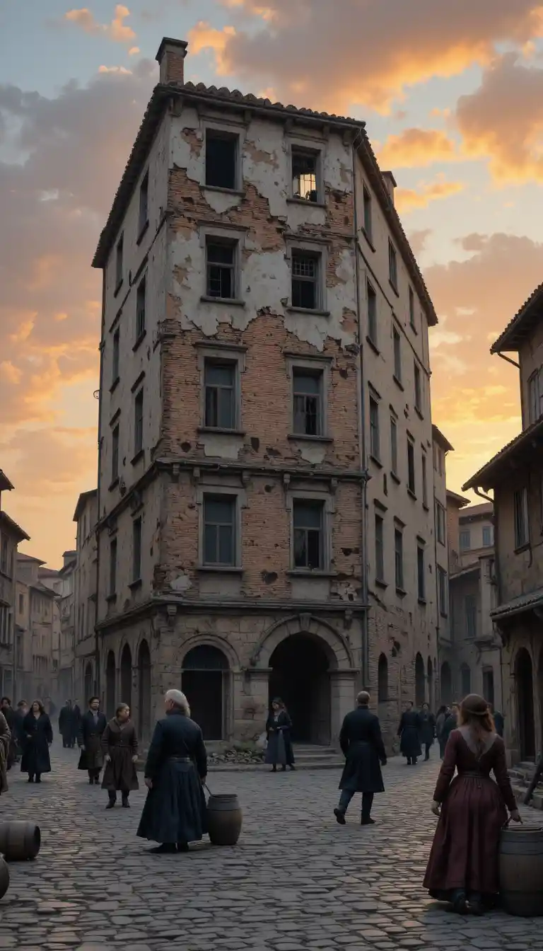 Crumbling multi story building on a busy cobblestone street