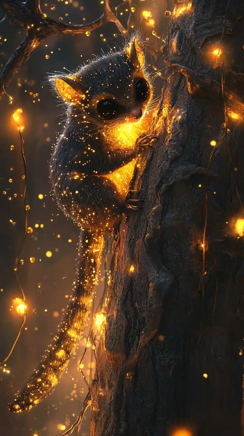 Yellow bellied glider gathering glowing sap in a quiet forest