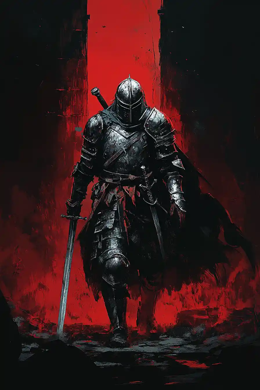 Broken armored warrior walking alone into the night