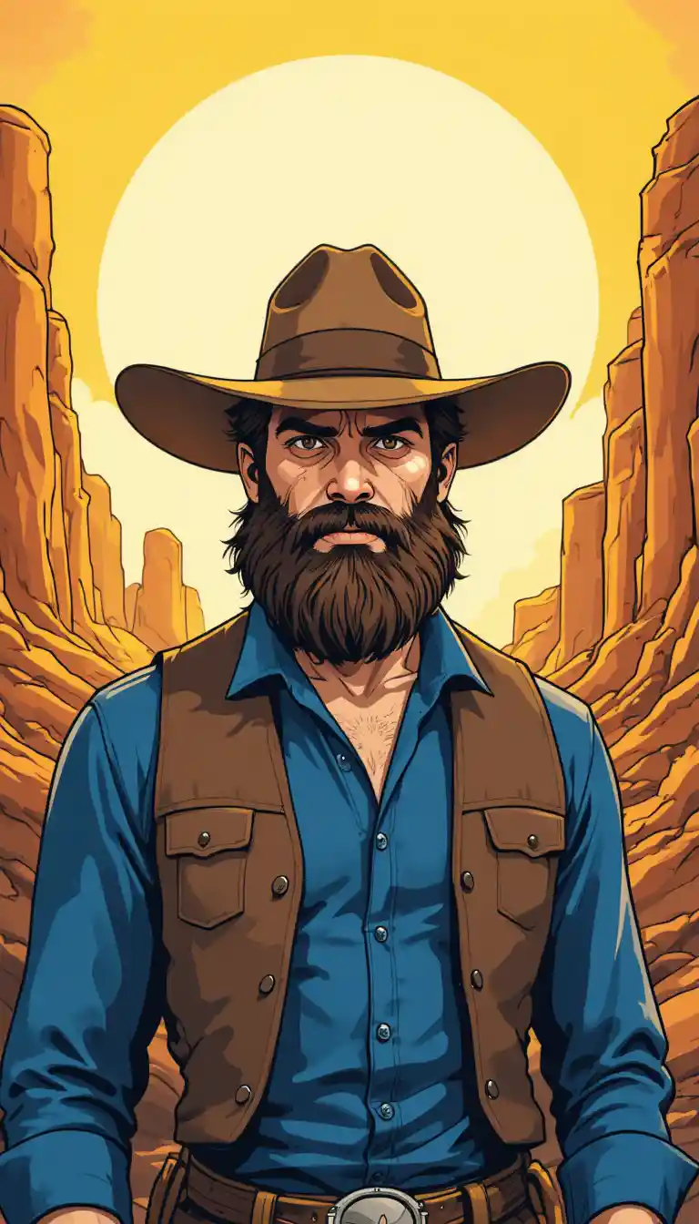 Rugged bearded man in hat against orange rock landscape