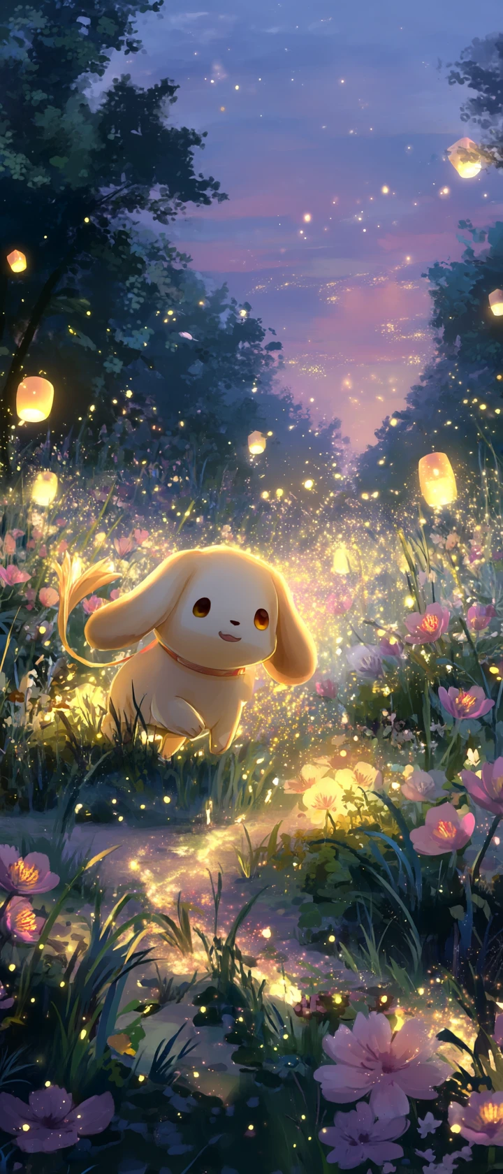 Cute anime puppy girl running through a twilight meadow