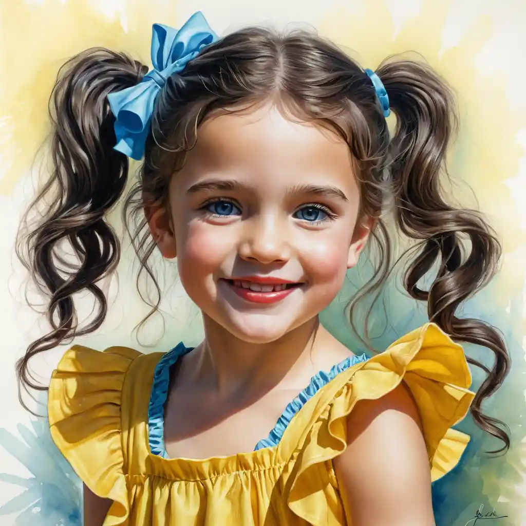 Smiling young girl with long curly hair in yellow dress