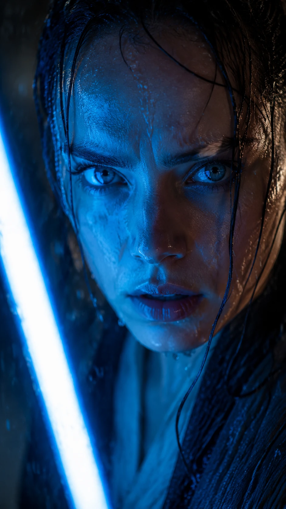 Intense Female Jedi Portrait Lit By Blue Lightsaber In Rain