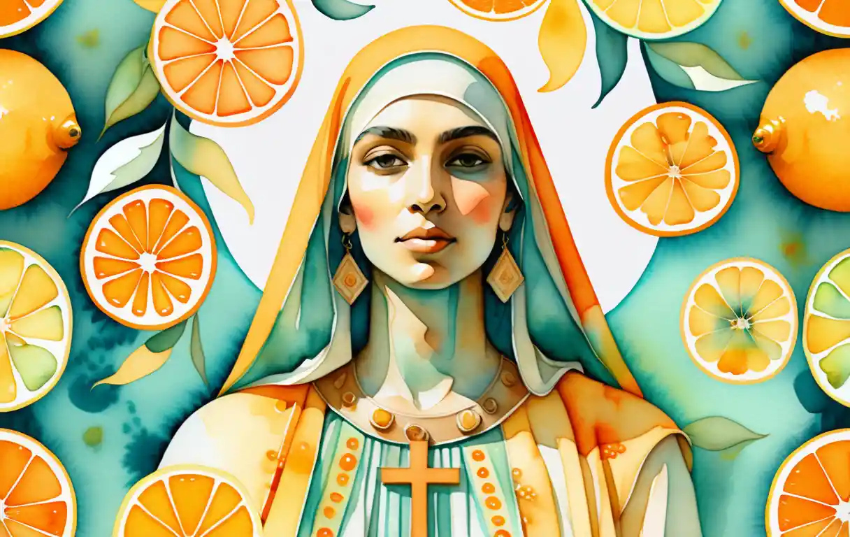 Watercolor portrait of a saint figure with floating citrus