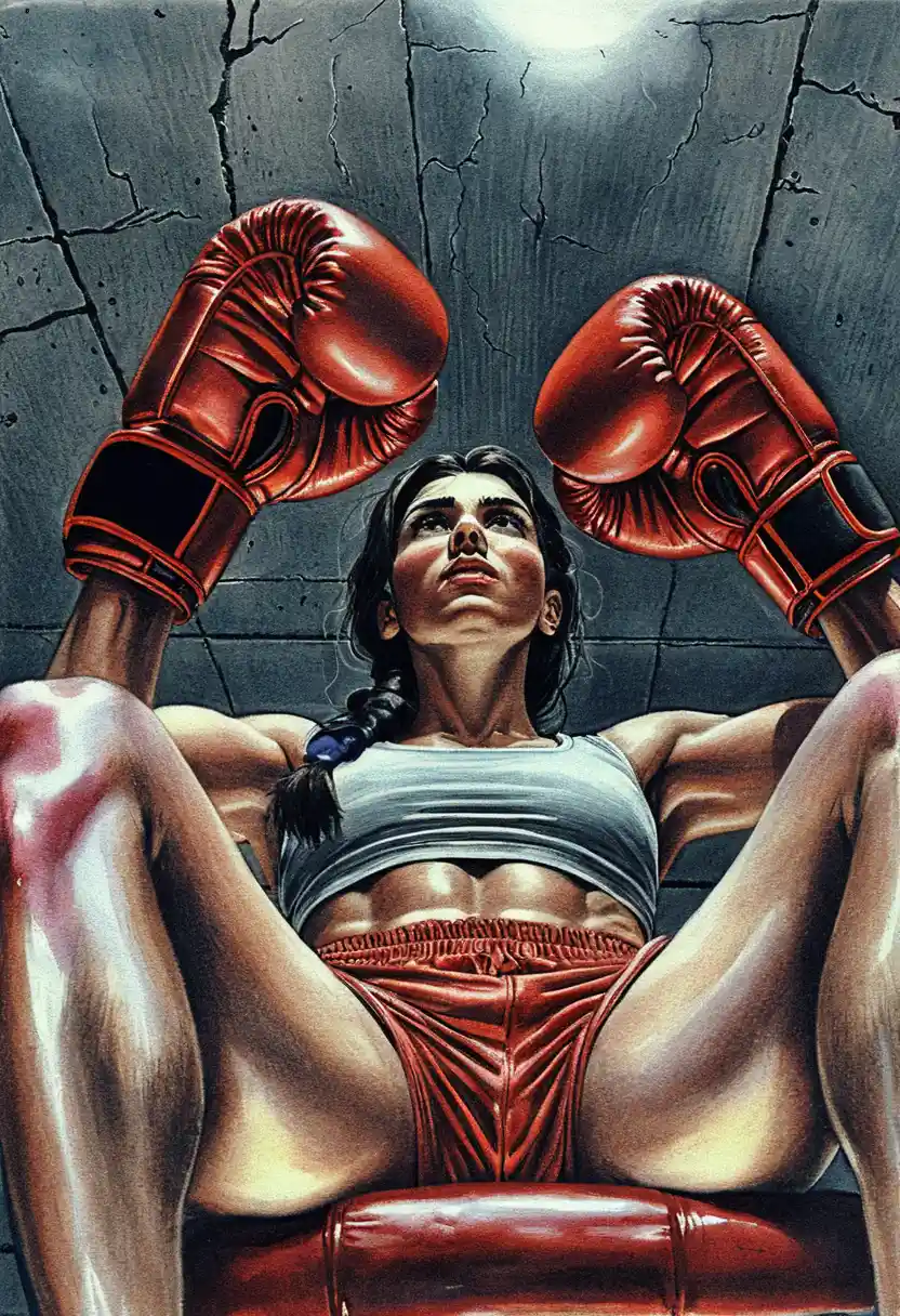 Powerful female boxer in guard on boxing ring