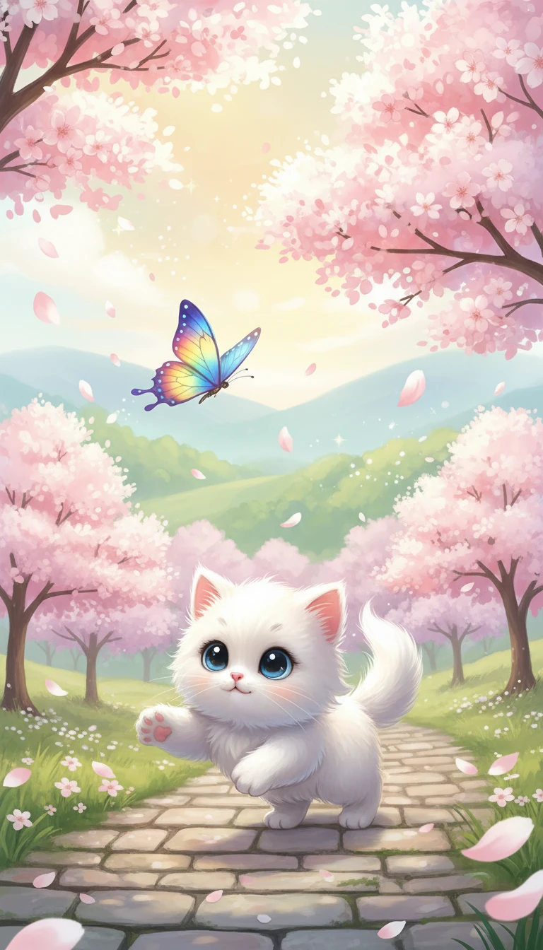 Cute white cartoon cat chasing a butterfly on road