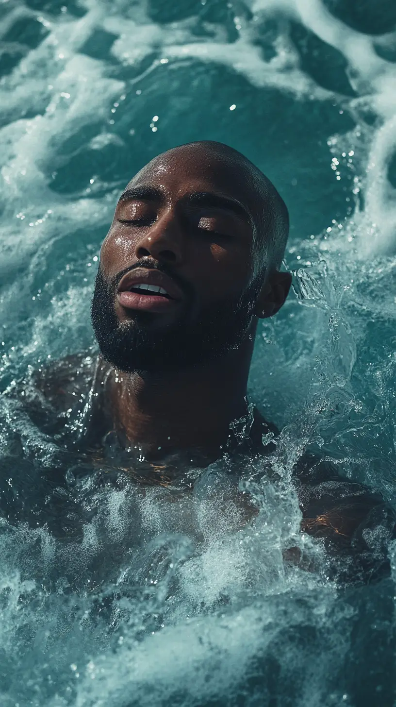 Joyful bald man in a surreal fantasy ocean scene