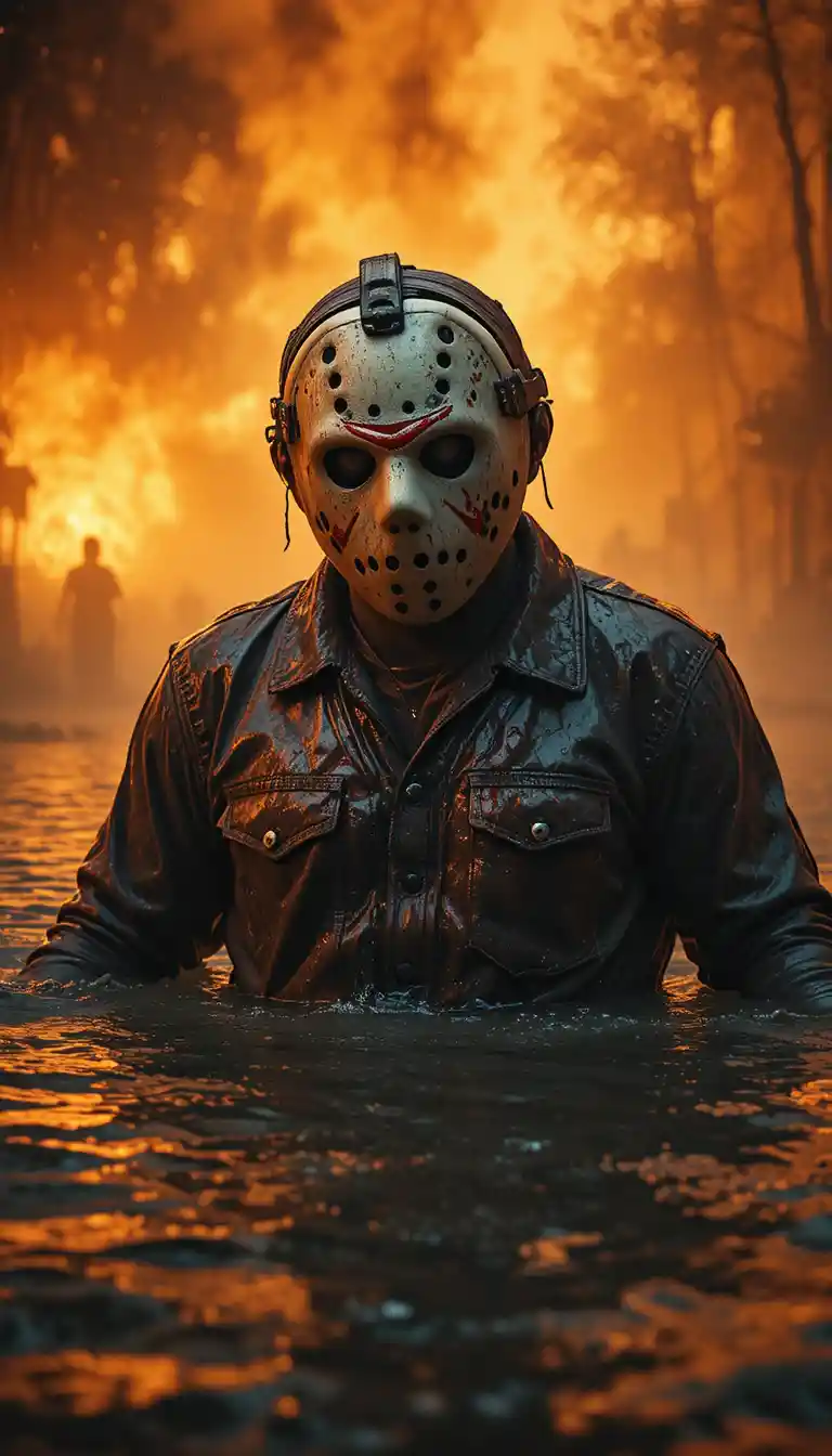 Masked killer in fiery lake with broken hockey mask