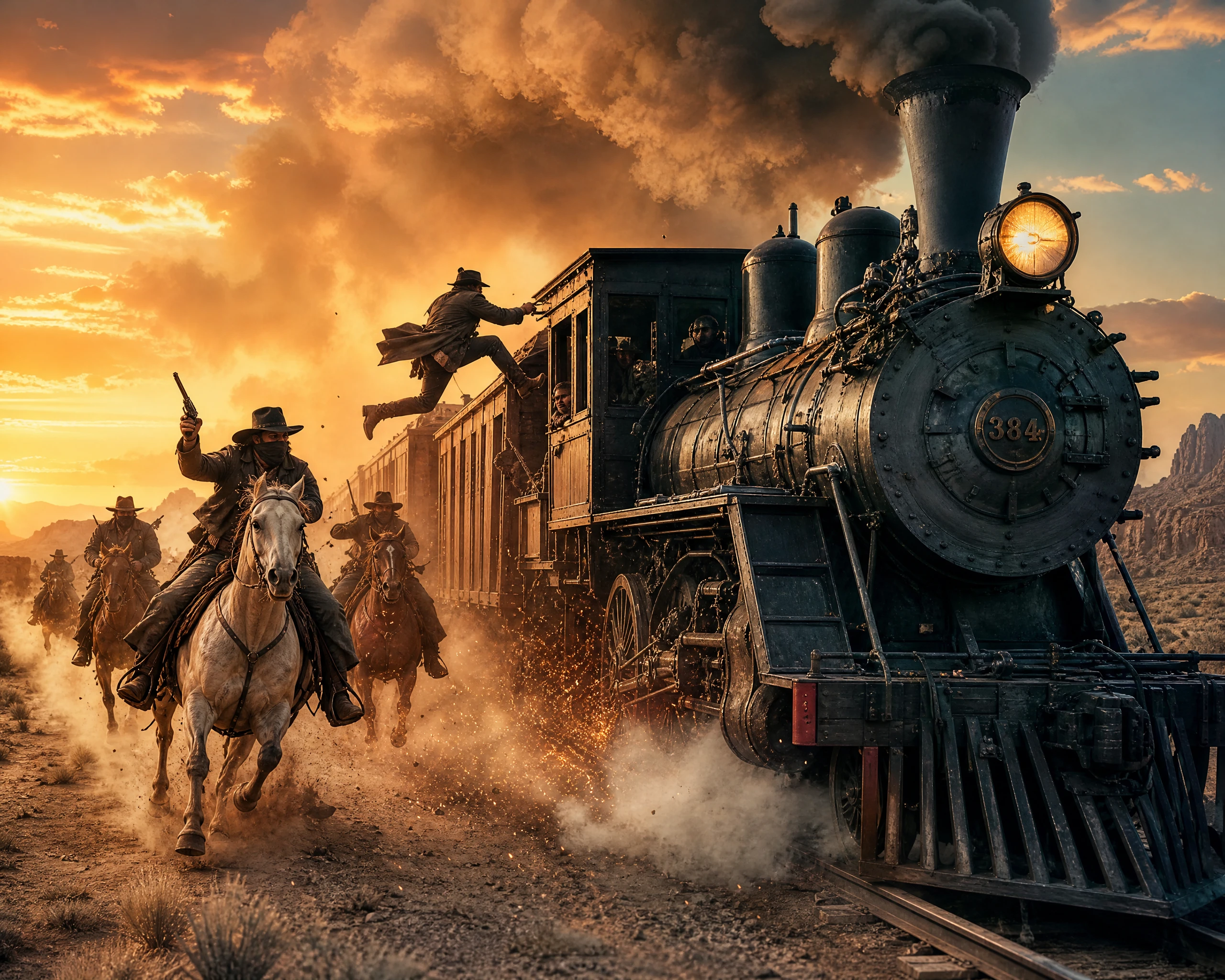 Wild west steam train robbery at sunset in desert dust