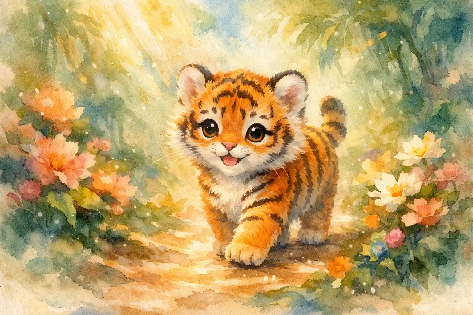 Watercolor baby tiger walking along a dreamy jungle path