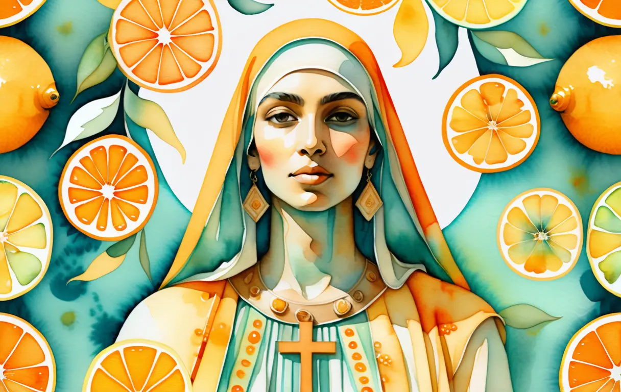 Watercolor portrait of a saint figure with floating citrus