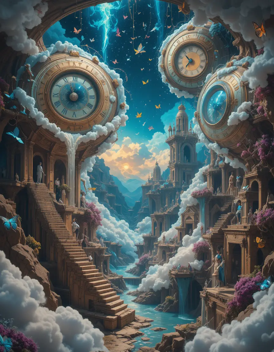 Floating staircases twist through a collapsing surreal dreamscape