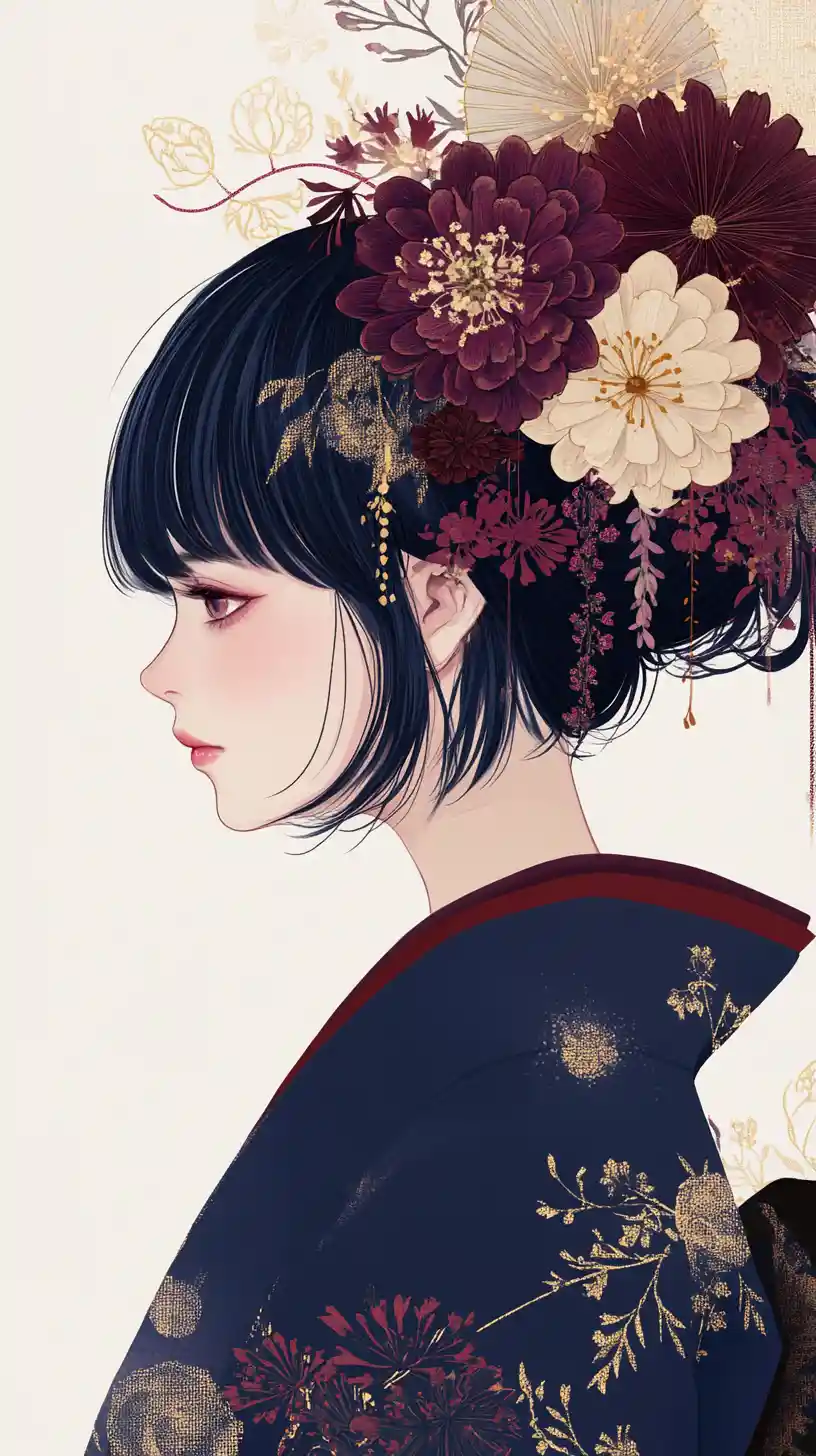 Elegant anime girl in floral kimono profile portrait