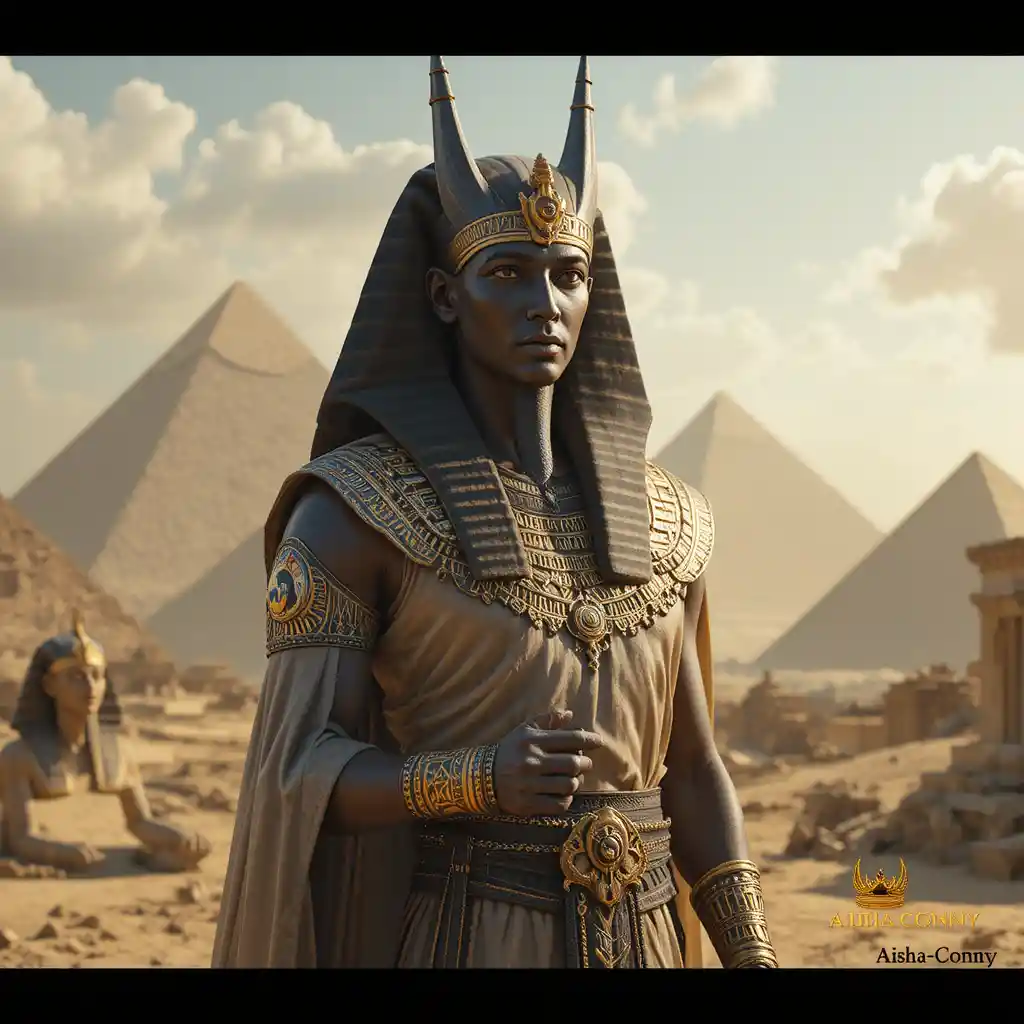 Ancient Egyptian king standing with Anubis before grand temples
