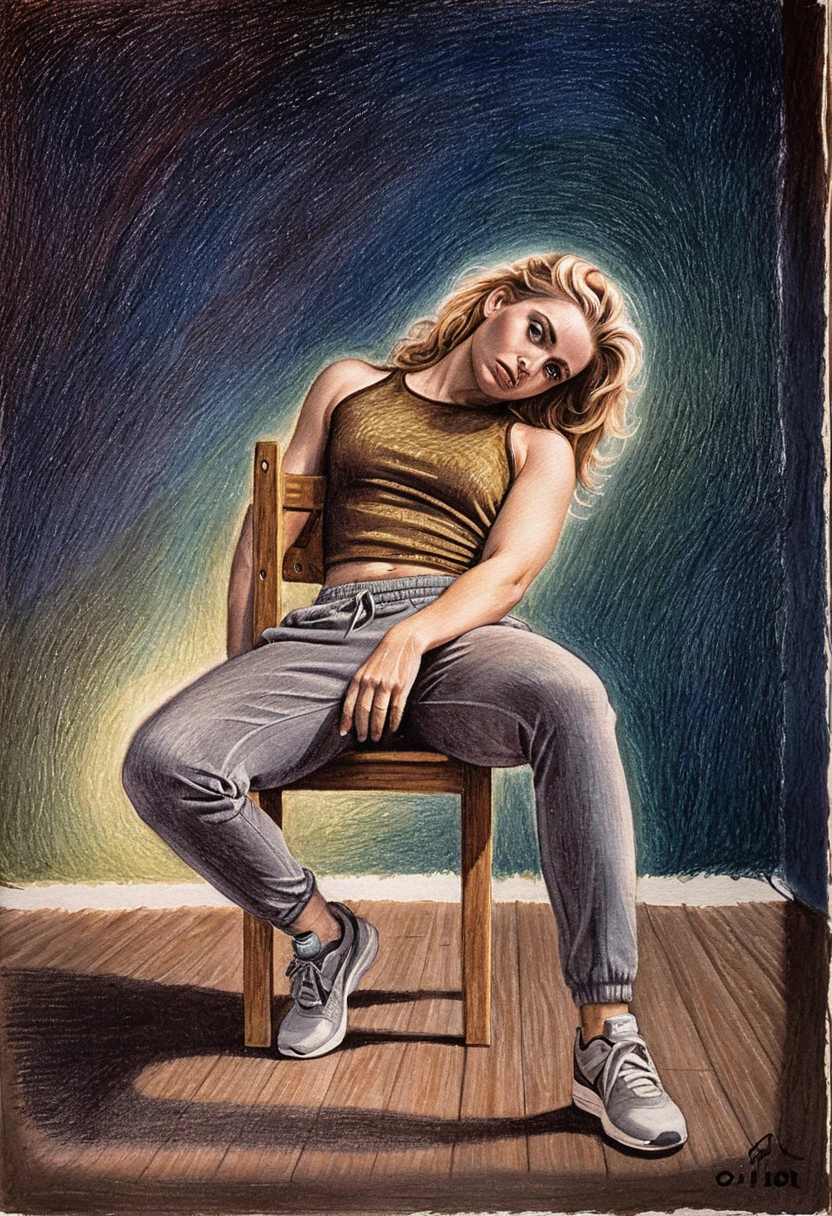 Seated blonde woman in spotlight on wooden chair