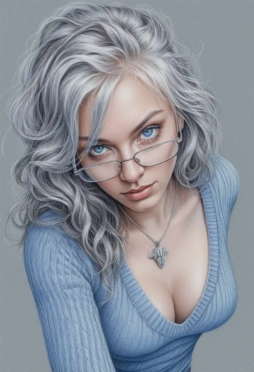 Woman with silver hair and glasses in colored pencil portrait