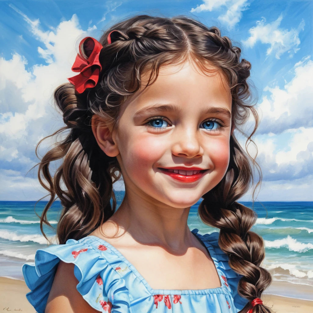 Smiling girl with long curly hair in blue summer dress