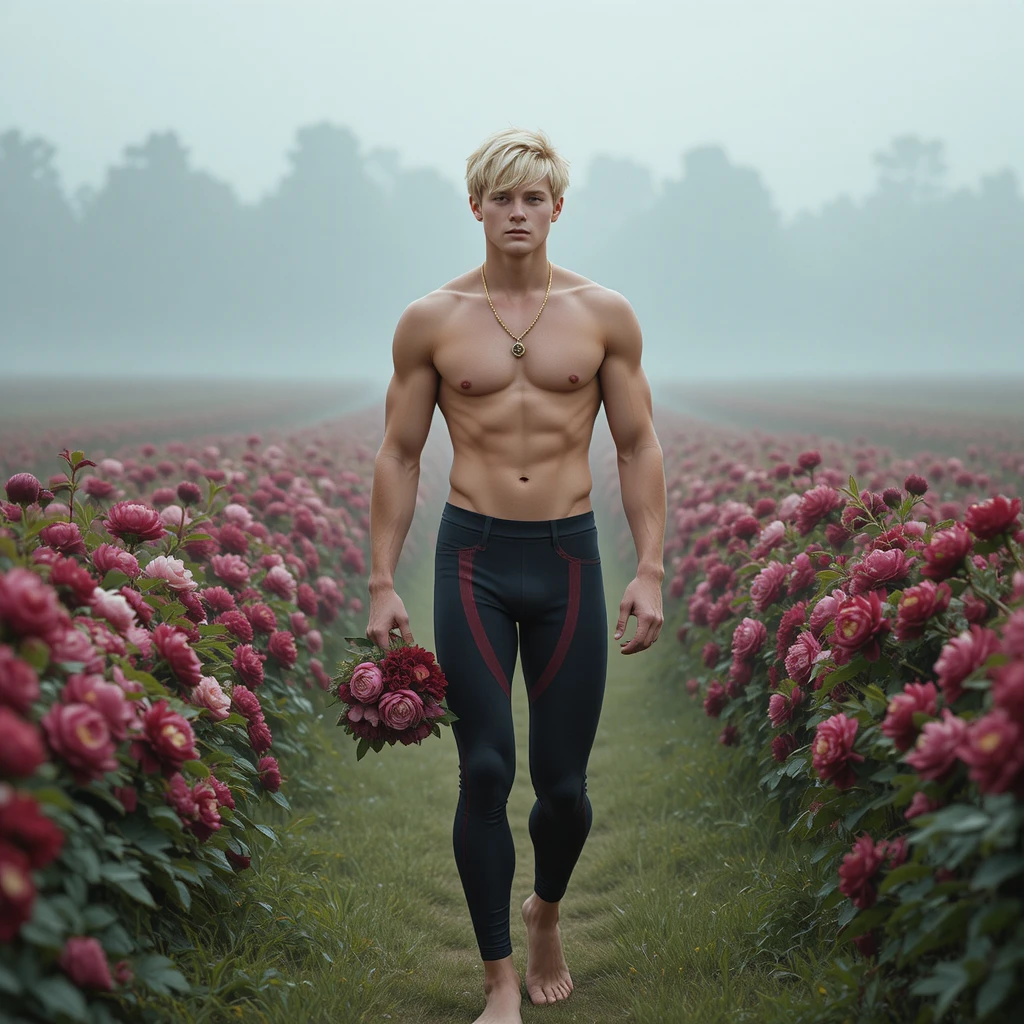 Barefoot blond young man walking through summer flower field