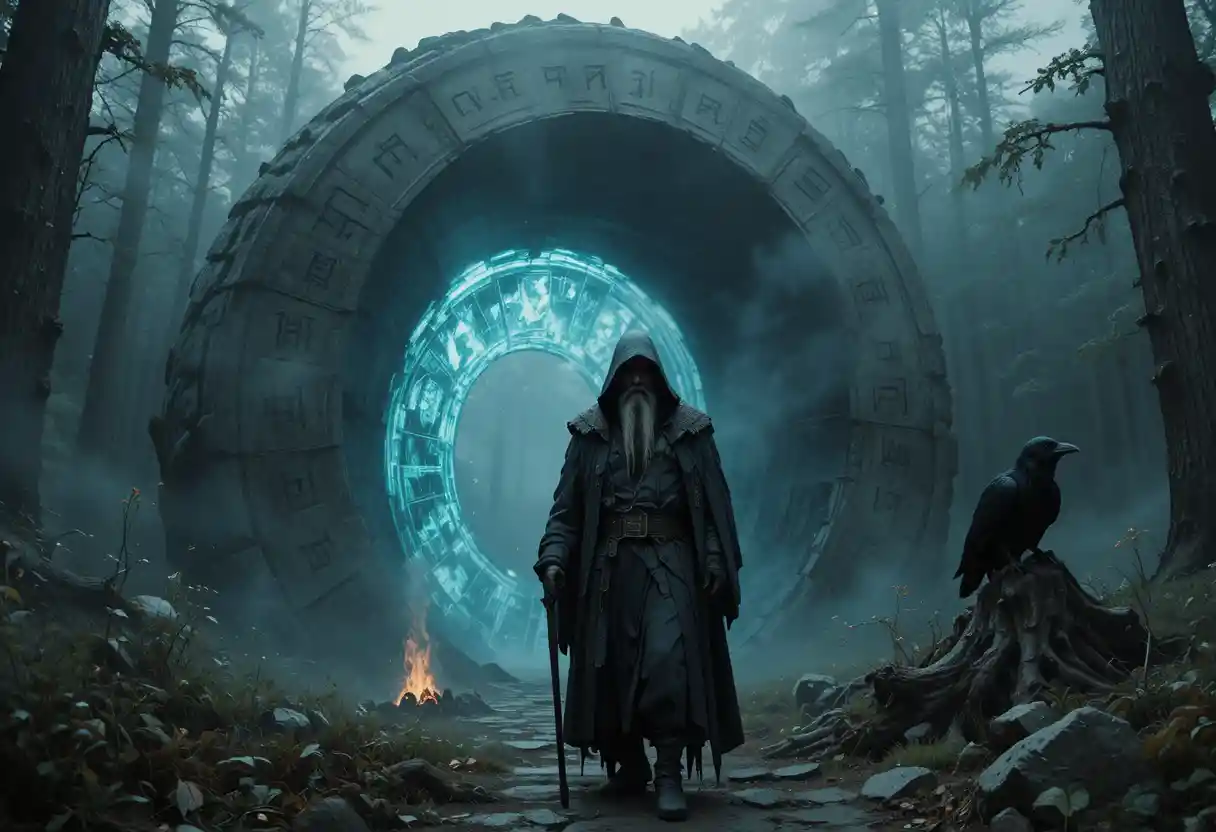 Ancient wanderer before a glowing runic stone gate
