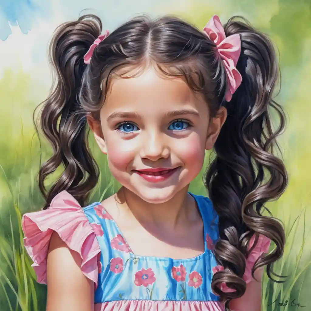 Smiling girl with long black braid in pink ruffled dress