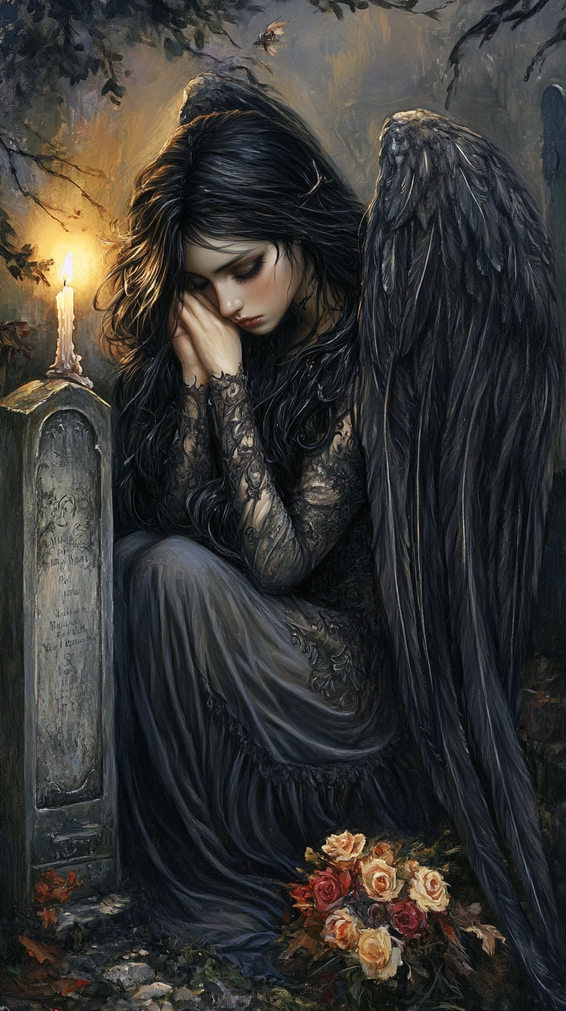 Sad angel by candlelight leaning on a grave