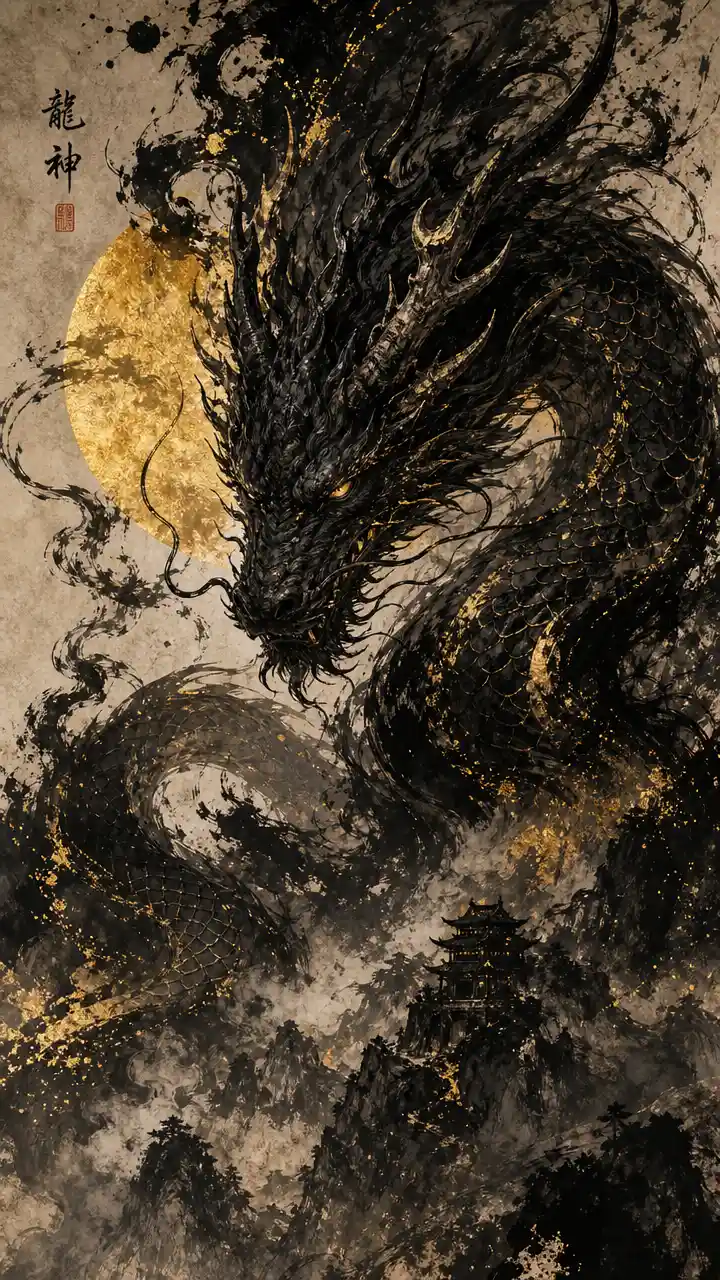 Majestic black dragon in dramatic ink and gold painting