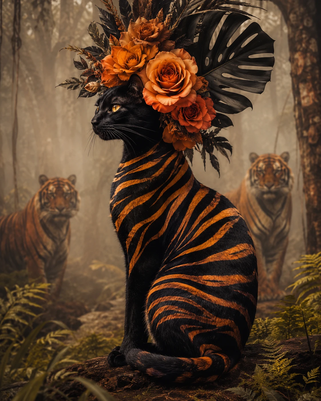 Black cat in tiger stripes posing in misty jungle