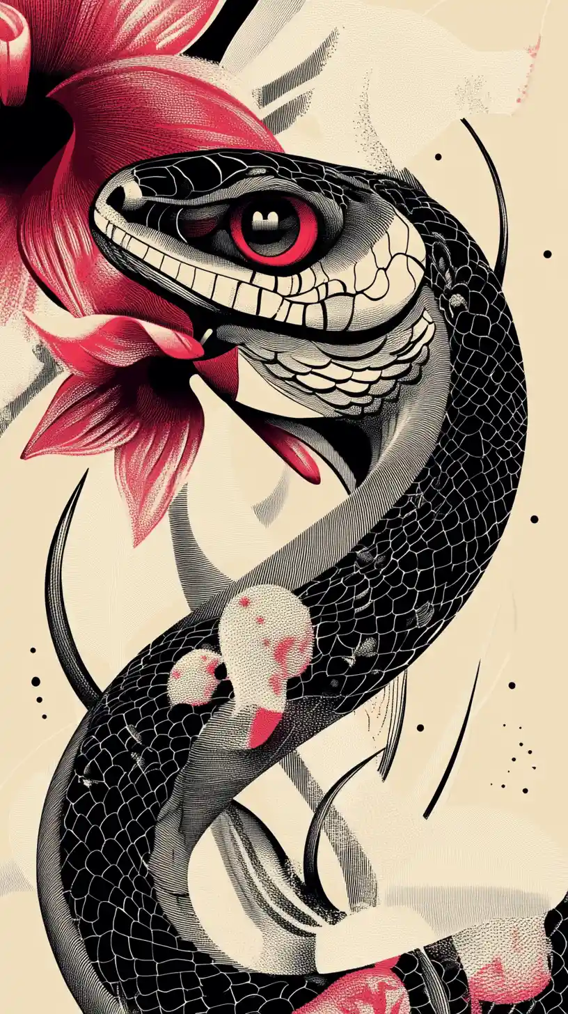 Pop art serpent transforming into delicate orchid petals